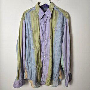 Robert Graham Size XL Vertical Stripes Embroidered Button-Down Flip Cuffs Shirt